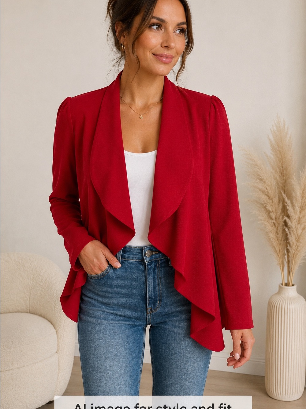 Red Draped Open Front Blazer Jacket